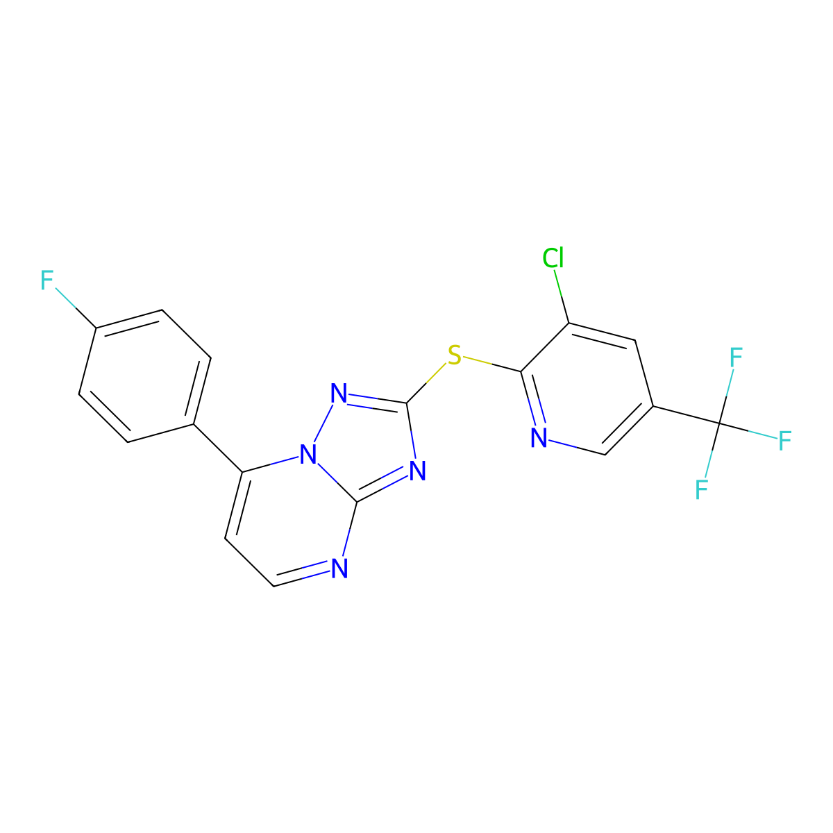 2-((3-Chloro-5-(trifluoromethyl)-2-pyridinyl)sulfanyl)-7-(4-fluorophenyl)(1,2,4)triazolo[1,5-a]pyrimidine molecular structure, CAS 338775-07-8