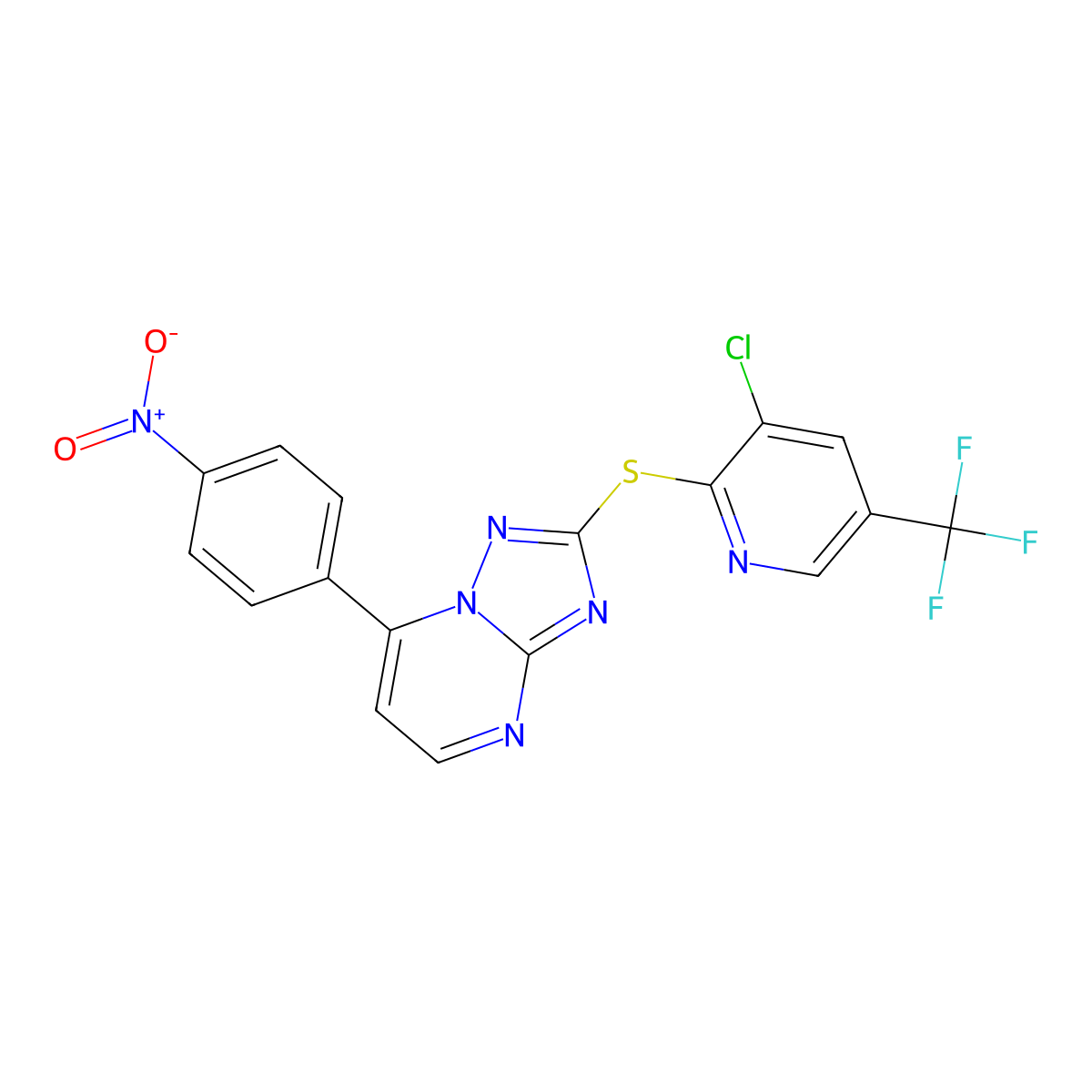 2-((3-Chloro-5-(trifluoromethyl)-2-pyridinyl)sulfanyl)-7-(4-nitrophenyl)(1,2,4)triazolo[1,5-a]pyrimidine molecular structure, CAS 338775-10-3