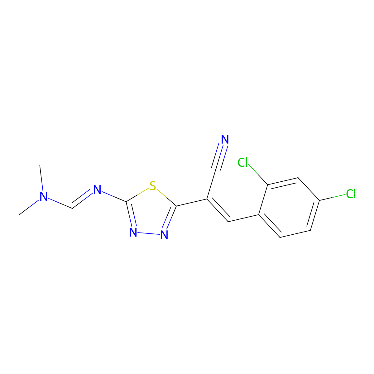 N'-{5-[1-cyano-2-(2,4-dichlorophenyl)vinyl]-1,3,4-thiadiazol-2-yl}-N,N-dimethyliminoformamide molecular structure, CAS 338775-23-8