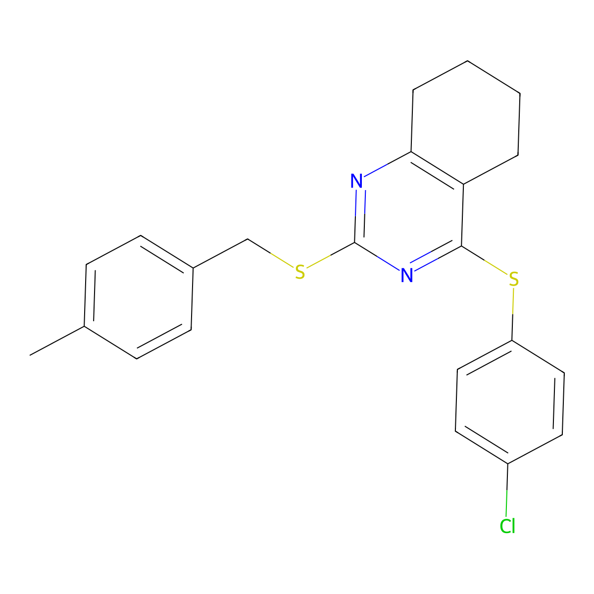 4-(4-Chlorophenyl)sulfanyl-2-[(4-methylphenyl)methylsulfanyl]-5,6,7,8-tetrahydroquinazoline molecular structure, CAS 338776-88-8
