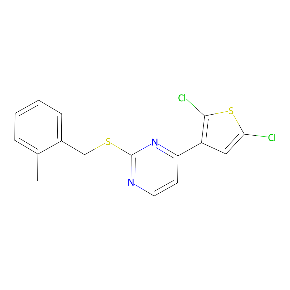4-(2,5-Dichloro-3-thienyl)-2-pyrimidinyl 2-methylbenzyl sulfide molecular structure, CAS 338777-22-3