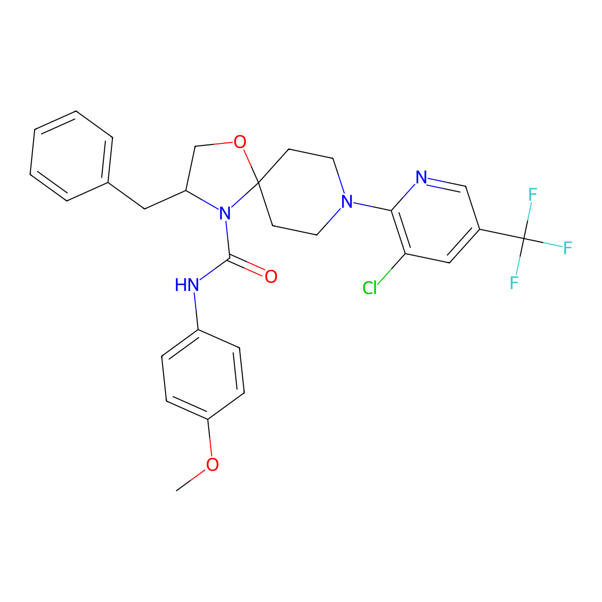 3-benzyl-8-[3-chloro-5-(trifluoromethyl)-2-pyridinyl]-N-(4-methoxyphenyl)-1-oxa-4,8-diazaspiro[4.5]decane-4-carboxamide molecular structure, CAS 338777-57-4