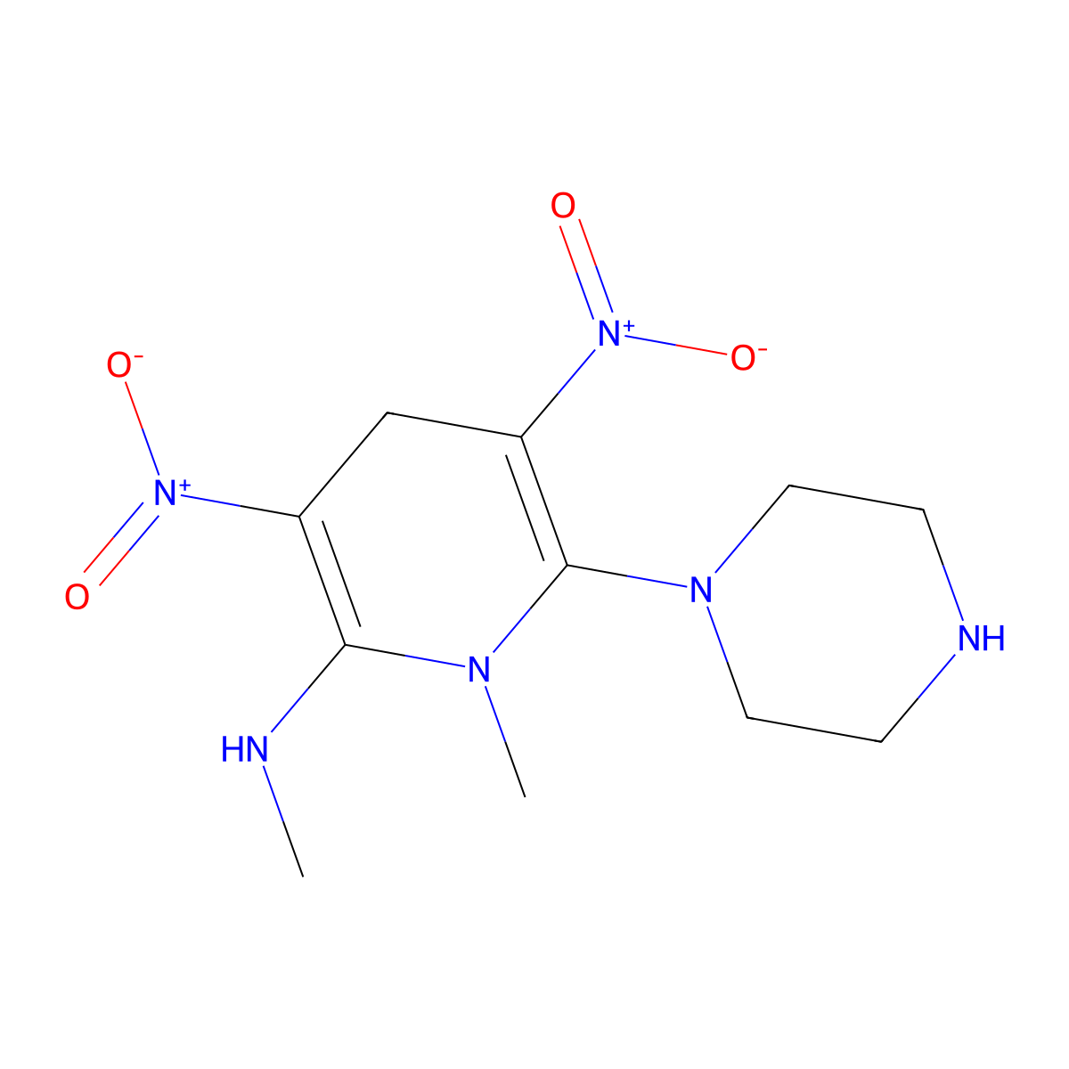 N,1-dimethyl-3,5-dinitro-6-piperazino-1,4-dihydro-2-pyridinamine molecular structure, CAS 338777-88-1