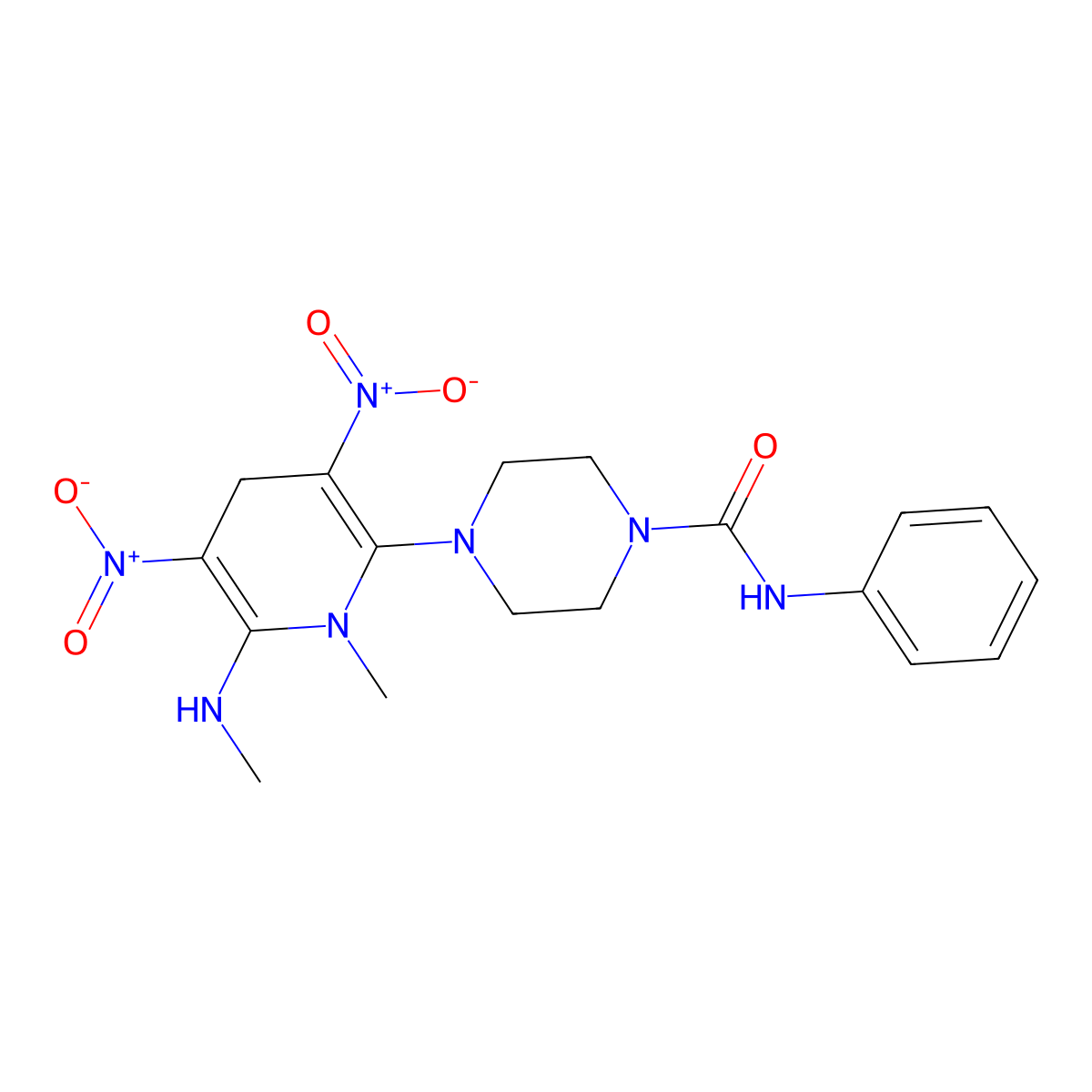 4-[1-methyl-6-(methylamino)-3,5-dinitro-1,4-dihydro-2-pyridinyl]-N-phenyltetrahydro-1(2H)-pyrazinecarboxamide molecular structure, CAS 338777-91-6