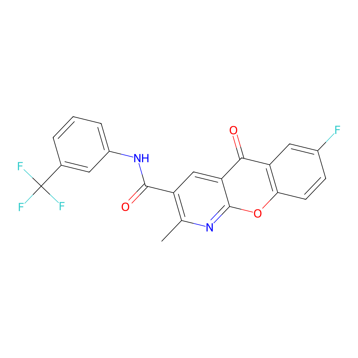 7-fluoro-2-methyl-5-oxo-N-[3-(trifluoromethyl)phenyl]-5H-chromeno[2,3-b]pyridine-3-carboxamide molecular structure, CAS 338778-21-5