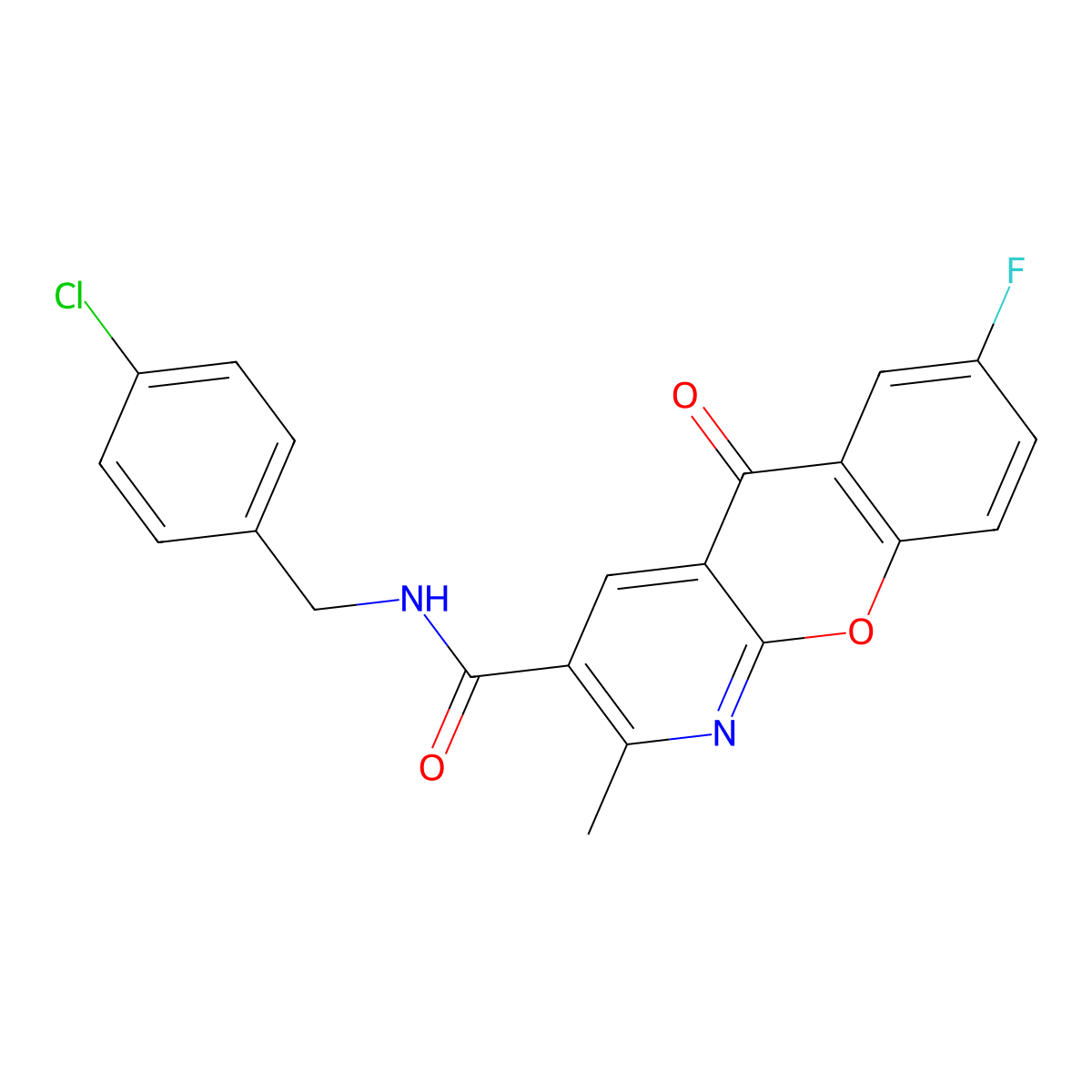 N-(4-chlorobenzyl)-7-fluoro-2-methyl-5-oxo-5H-chromeno[2,3-b]pyridine-3-carboxamide molecular structure, CAS 338778-25-9