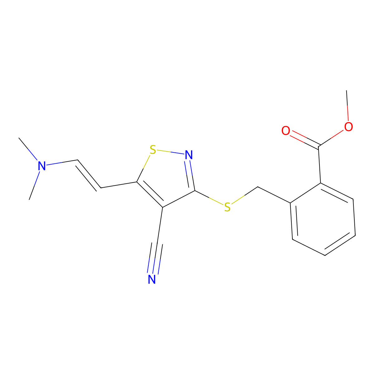 Methyl 2-[({4-cyano-5-[2-(dimethylamino)vinyl]-3-isothiazolyl}sulfanyl)methyl]benzenecarboxylate molecular structure, CAS 338778-45-3