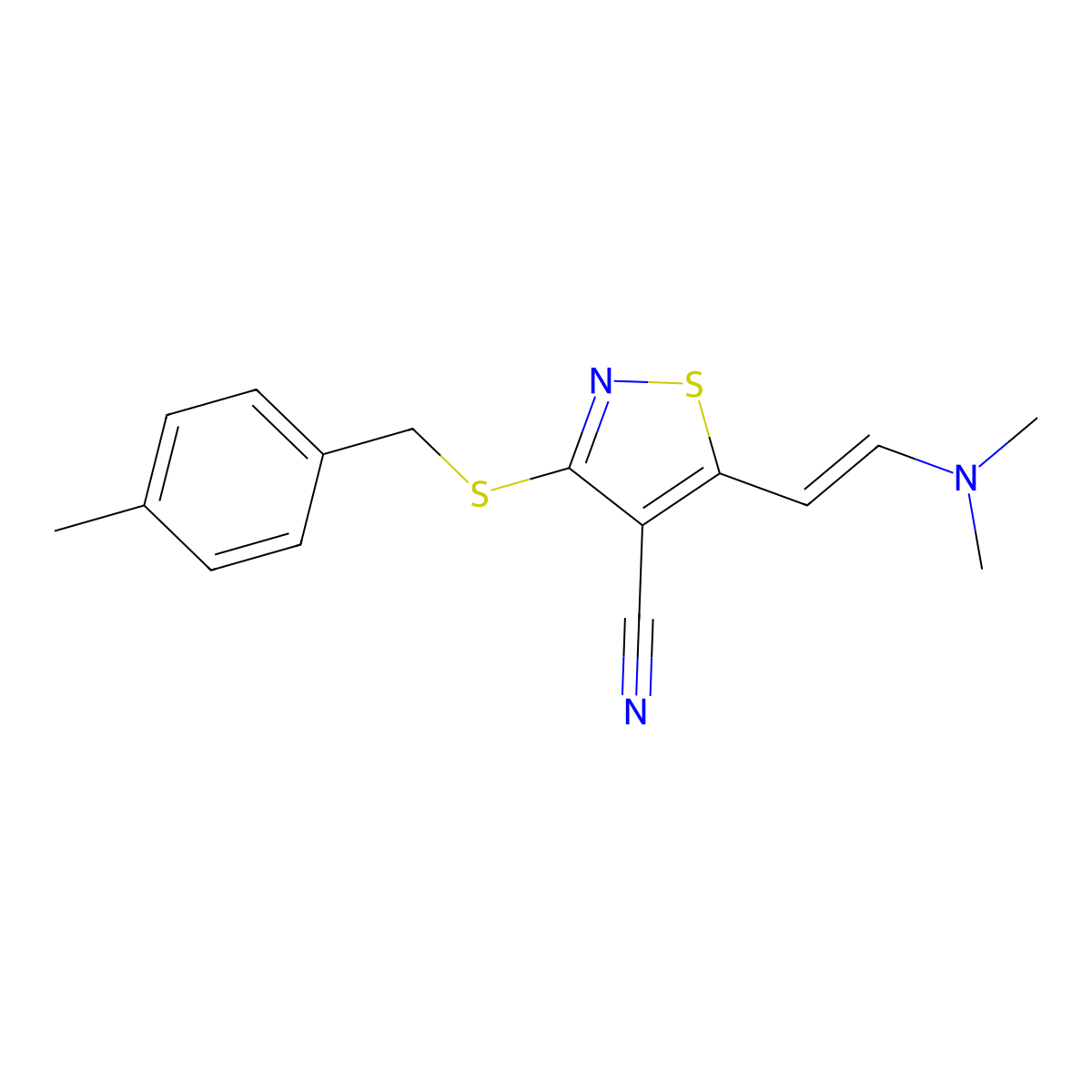 5-[(E)-2-(dimethylamino)ethenyl]-3-{[(4-methylphenyl)methyl]sulfanyl}-1,2-thiazole-4-carbonitrile molecular structure, CAS 338778-59-9