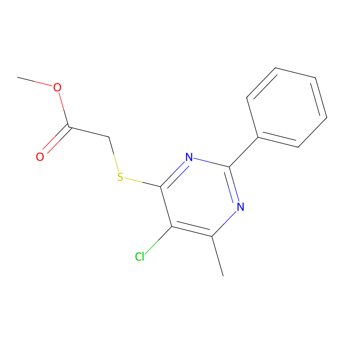 Methyl 2-[(5-chloro-6-methyl-2-phenyl-4-pyrimidinyl)sulfanyl]acetate molecular structure, CAS 338779-87-6