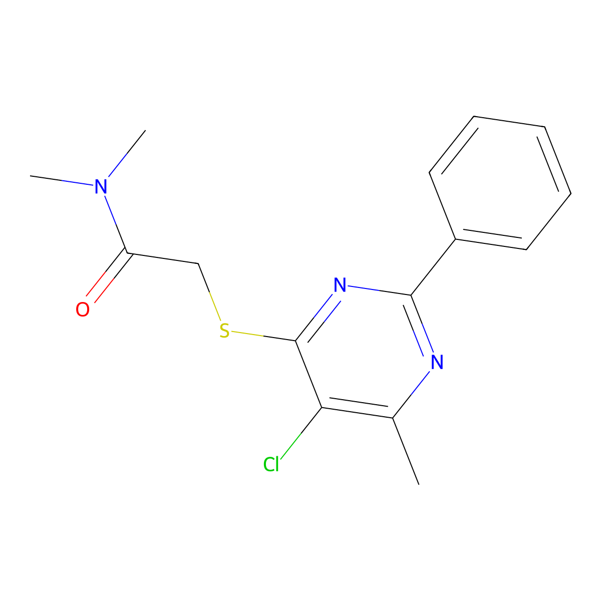 2-[(5-chloro-6-methyl-2-phenyl-4-pyrimidinyl)sulfanyl]-N,N-dimethylacetamide molecular structure, CAS 338780-06-6