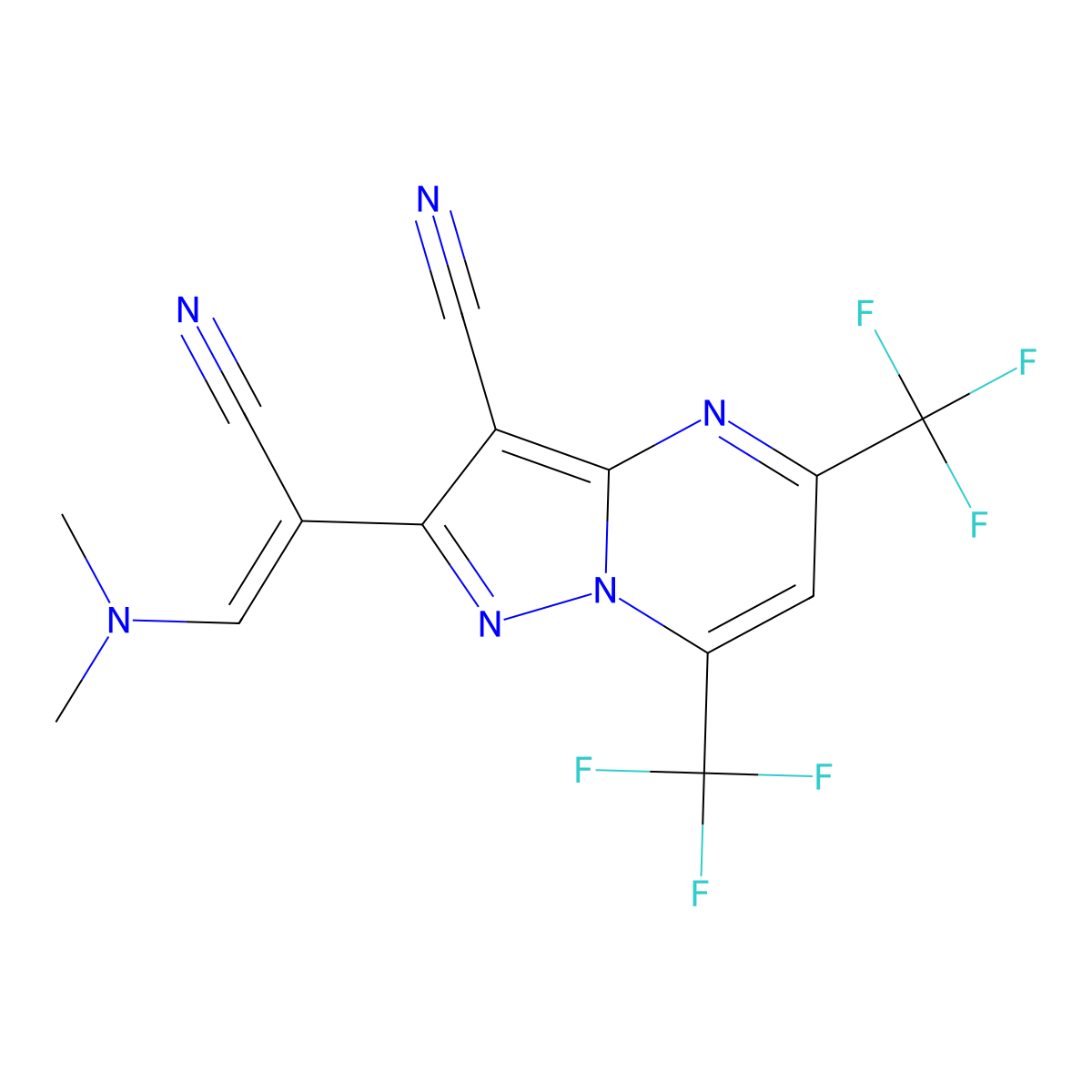 2-[(1Z)-1-cyano-2-(dimethylamino)eth-1-en-1-yl]-5,7-bis(trifluoromethyl)pyrazolo[1,5-a]pyrimidine-3-carbonitrile molecular structure, CAS 338786-57-5