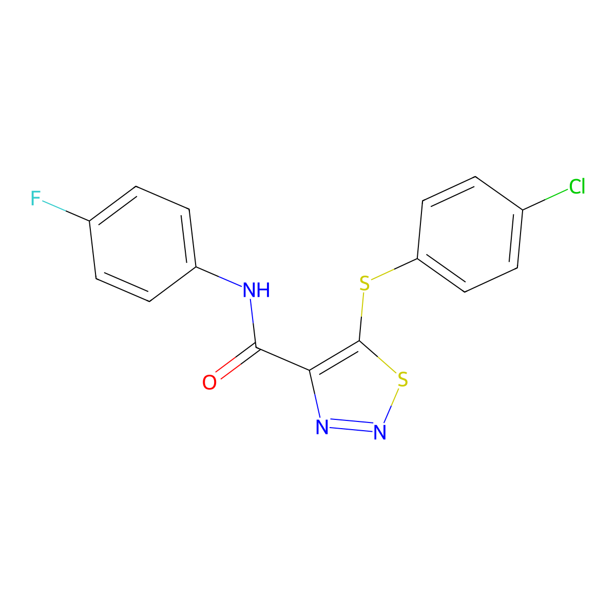 5-[(4-chlorophenyl)sulfanyl]-N-(4-fluorophenyl)-1,2,3-thiadiazole-4-carboxamide molecular structure, CAS 338791-89-2