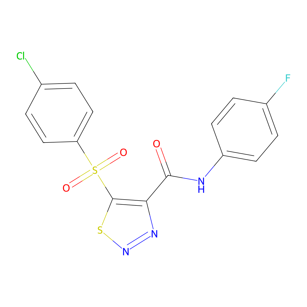 5-((4-Chlorophenyl)sulfonyl)-N-(4-fluorophenyl)-1,2,3-thiadiazole-4-carboxamide molecular structure, CAS 338791-91-6