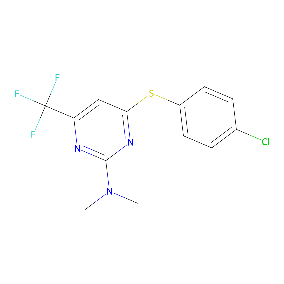 4-(4-chlorophenyl)sulfanyl-N,N-dimethyl-6-(trifluoromethyl)pyrimidin-2-amine molecular structure, CAS 338792-24-8