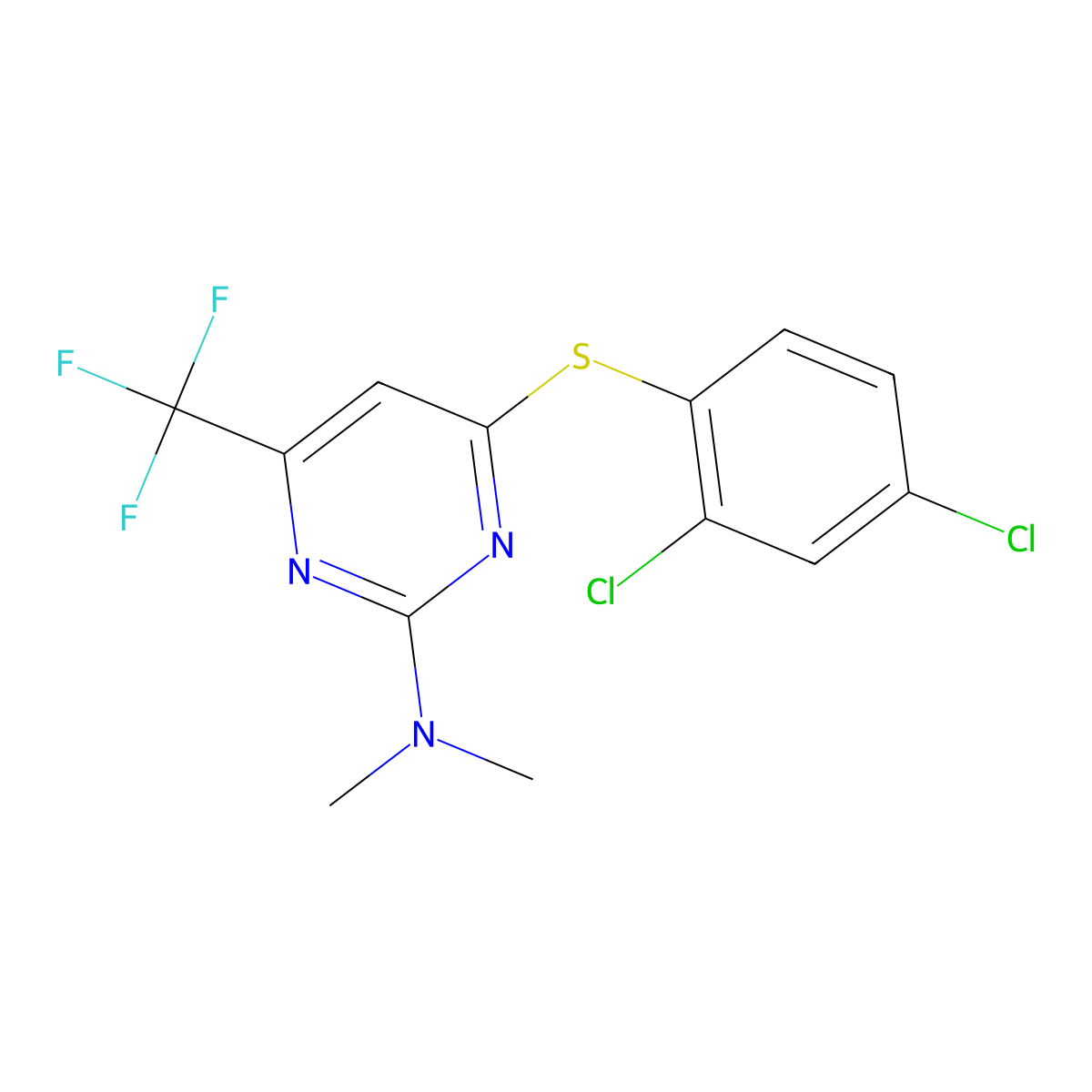 4-(2,4-dichlorophenyl)sulfanyl-N,N-dimethyl-6-(trifluoromethyl)pyrimidin-2-amine molecular structure, CAS 338792-29-3