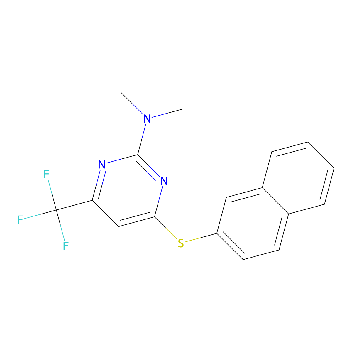 N,N-dimethyl-4-(2-naphthylsulfanyl)-6-(trifluoromethyl)-2-pyrimidinamine molecular structure, CAS 338792-34-0