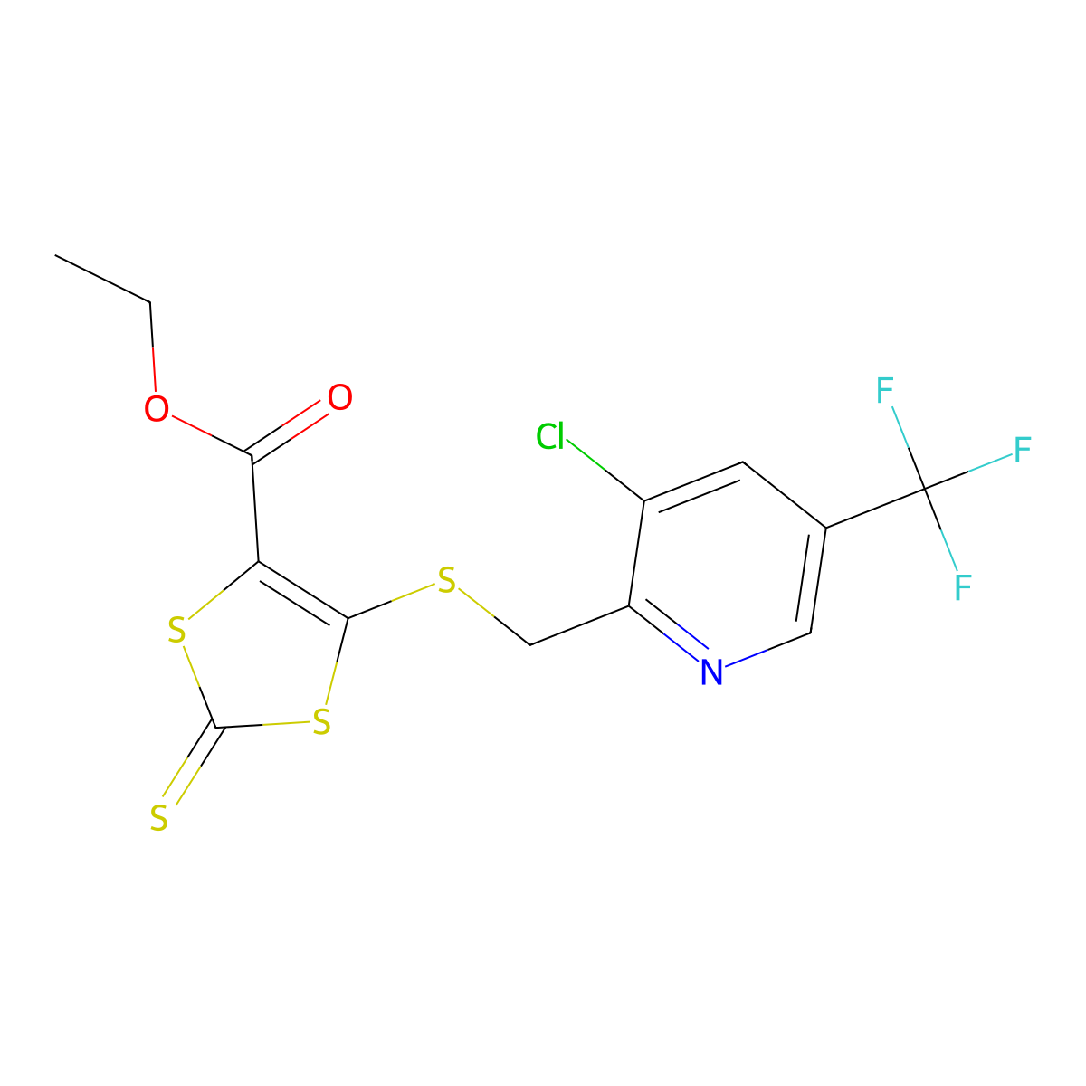 Ethyl 5-({[3-chloro-5-(trifluoromethyl)-2-pyridinyl]methyl}sulfanyl)-2-thioxo-1,3-dithiole-4-carboxylate molecular structure, CAS 338793-54-7