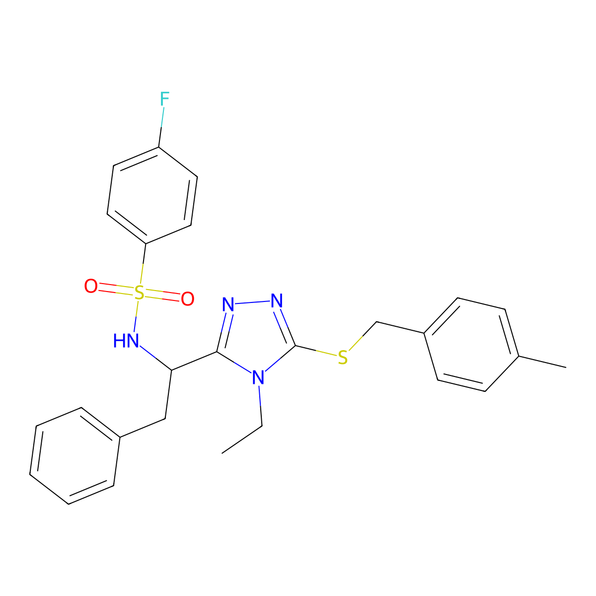 N-(1-{4-ethyl-5-[(4-methylbenzyl)sulfanyl]-4H-1,2,4-triazol-3-yl}-2-phenylethyl)-4-fluorobenzenesulfonamide molecular structure, CAS 338794-26-6
