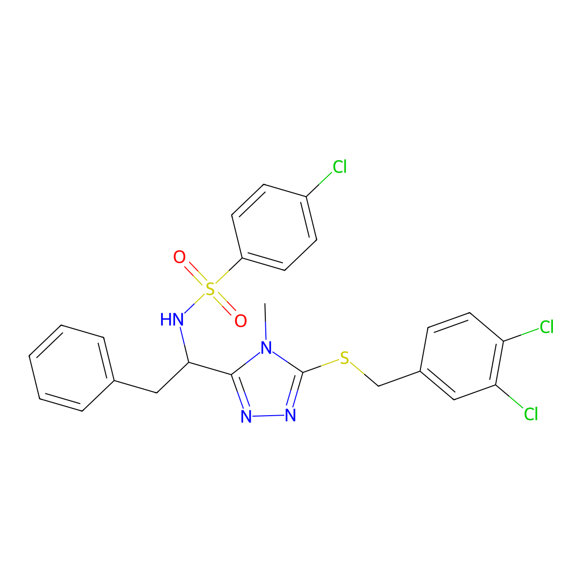 4-chloro-N-(1-{5-[(3,4-dichlorobenzyl)sulfanyl]-4-methyl-4H-1,2,4-triazol-3-yl}-2-phenylethyl)benzenesulfonamide molecular structure, CAS 338794-28-8