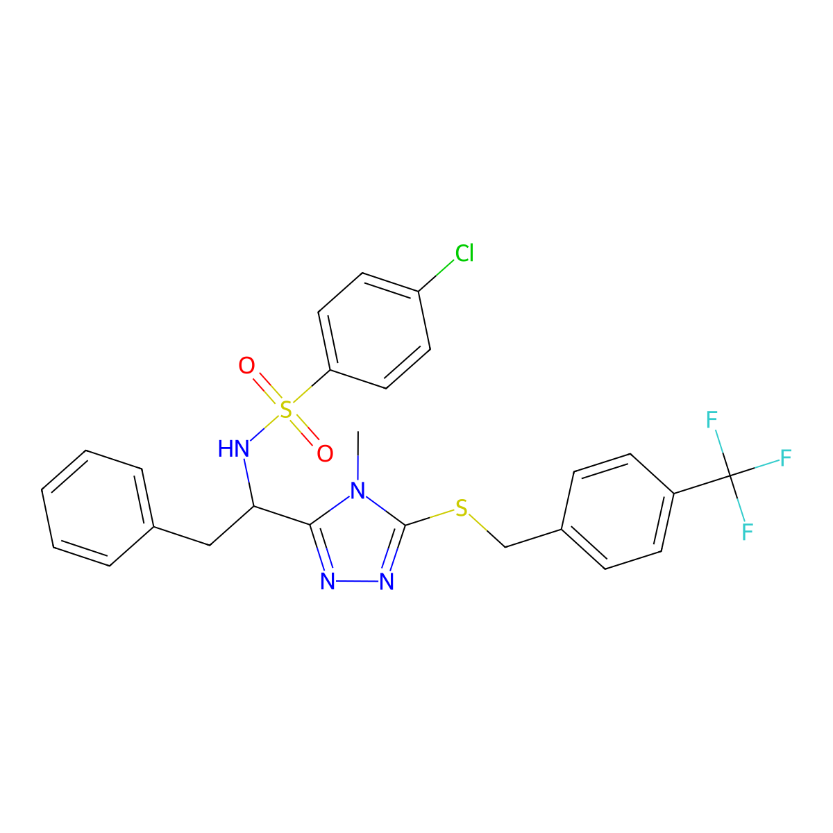 4-chloro-N-[1-(4-methyl-5-{[4-(trifluoromethyl)benzyl]sulfanyl}-4H-1,2,4-triazol-3-yl)-2-phenylethyl]benzenesulfonamide molecular structure, CAS 338794-29-9