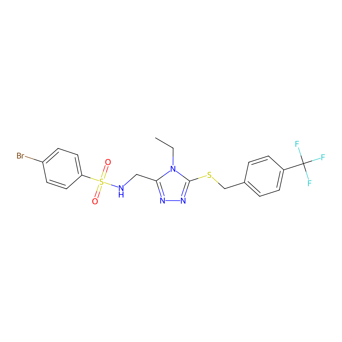 4-bromo-N-[[4-ethyl-5-[[4-(trifluoromethyl)phenyl]methylsulfanyl]-1,2,4-triazol-3-yl]methyl]benzenesulfonamide molecular structure, CAS 338794-52-8