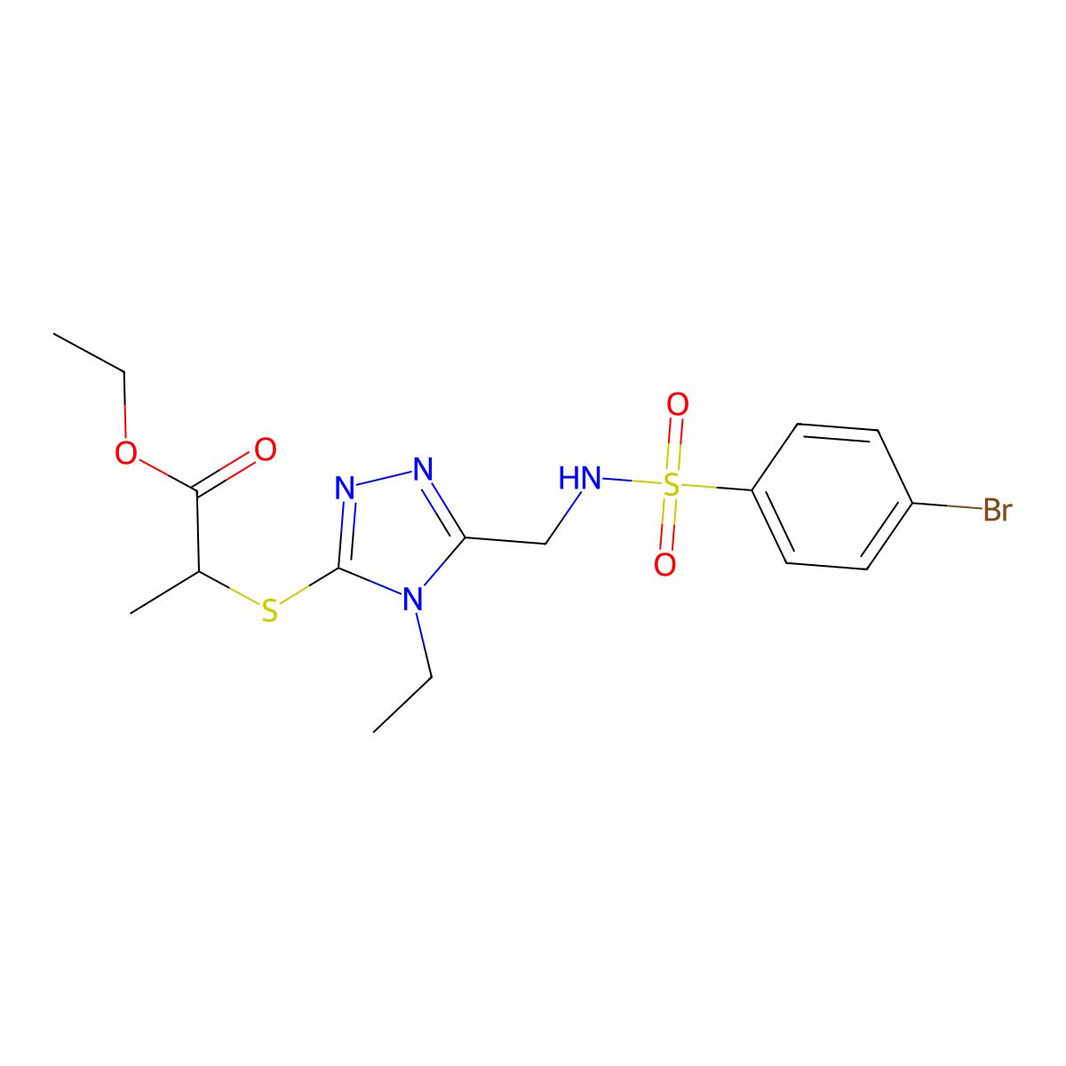 Ethyl 2-[[5-[[(4-bromophenyl)sulfonylamino]methyl]-4-ethyl-1,2,4-triazol-3-yl]sulfanyl]propanoate molecular structure, CAS 338794-58-4