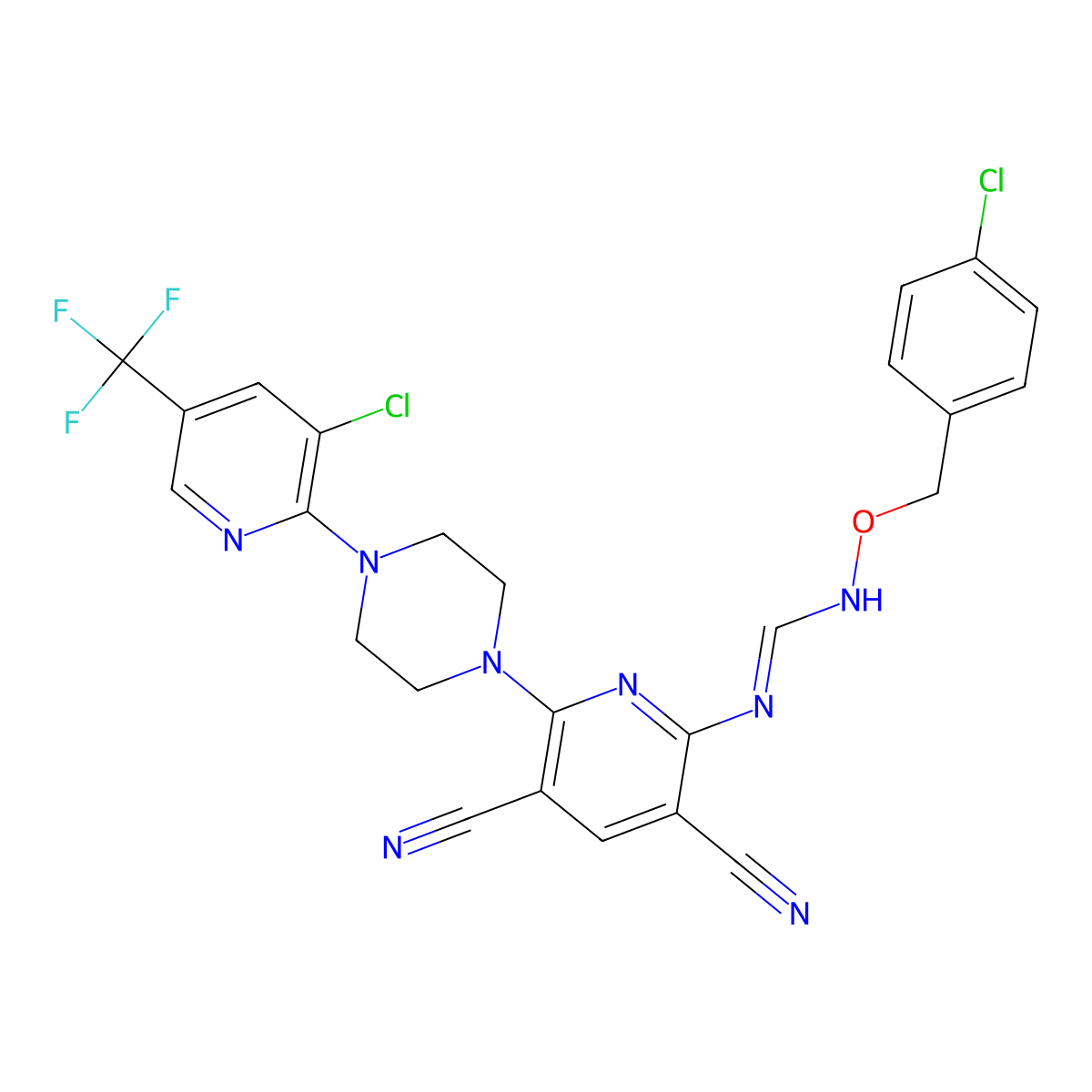 N-[(4-chlorophenyl)methoxy]-N'-[6-[4-[3-chloro-5-(trifluoromethyl)pyridin-2-yl]piperazin-1-yl]-3,5-dicyanopyridin-2-yl]methanimidamide molecular structure, CAS 338795-00-9