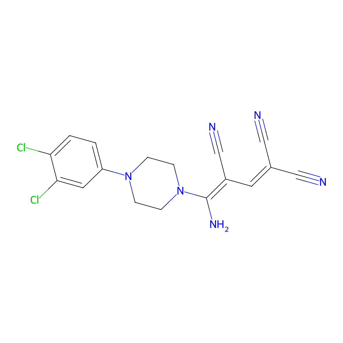 4-Amino-4-[4-(3,4-dichlorophenyl)piperazino]-1,3-butadiene-1,1,3-tricarbonitrile molecular structure, CAS 338795-07-6