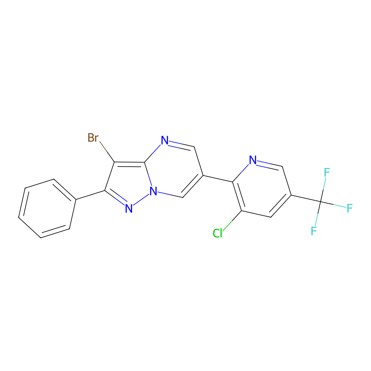 3-Bromo-6-(3-chloro-5-(trifluoromethyl)-2-pyridinyl)-2-phenylpyrazolo[1,5-a]pyrimidine molecular structure, CAS 338953-44-9
