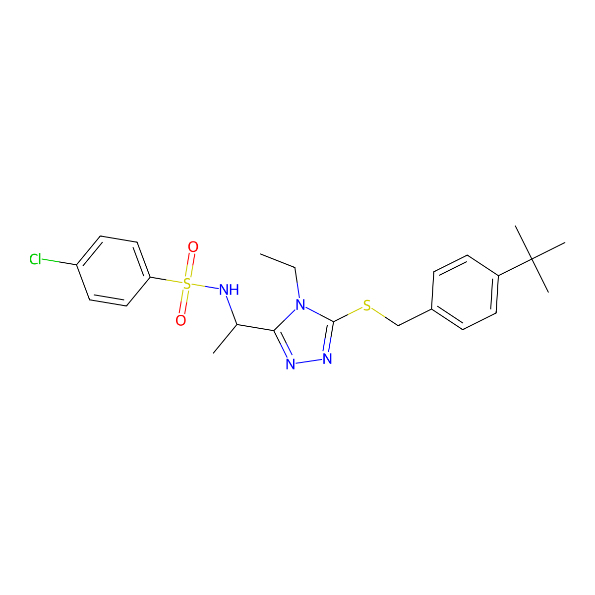 N-[1-[5-[(4-tert-butylphenyl)methylsulfanyl]-4-ethyl-1,2,4-triazol-3-yl]ethyl]-4-chlorobenzenesulfonamide molecular structure, CAS 338954-04-4