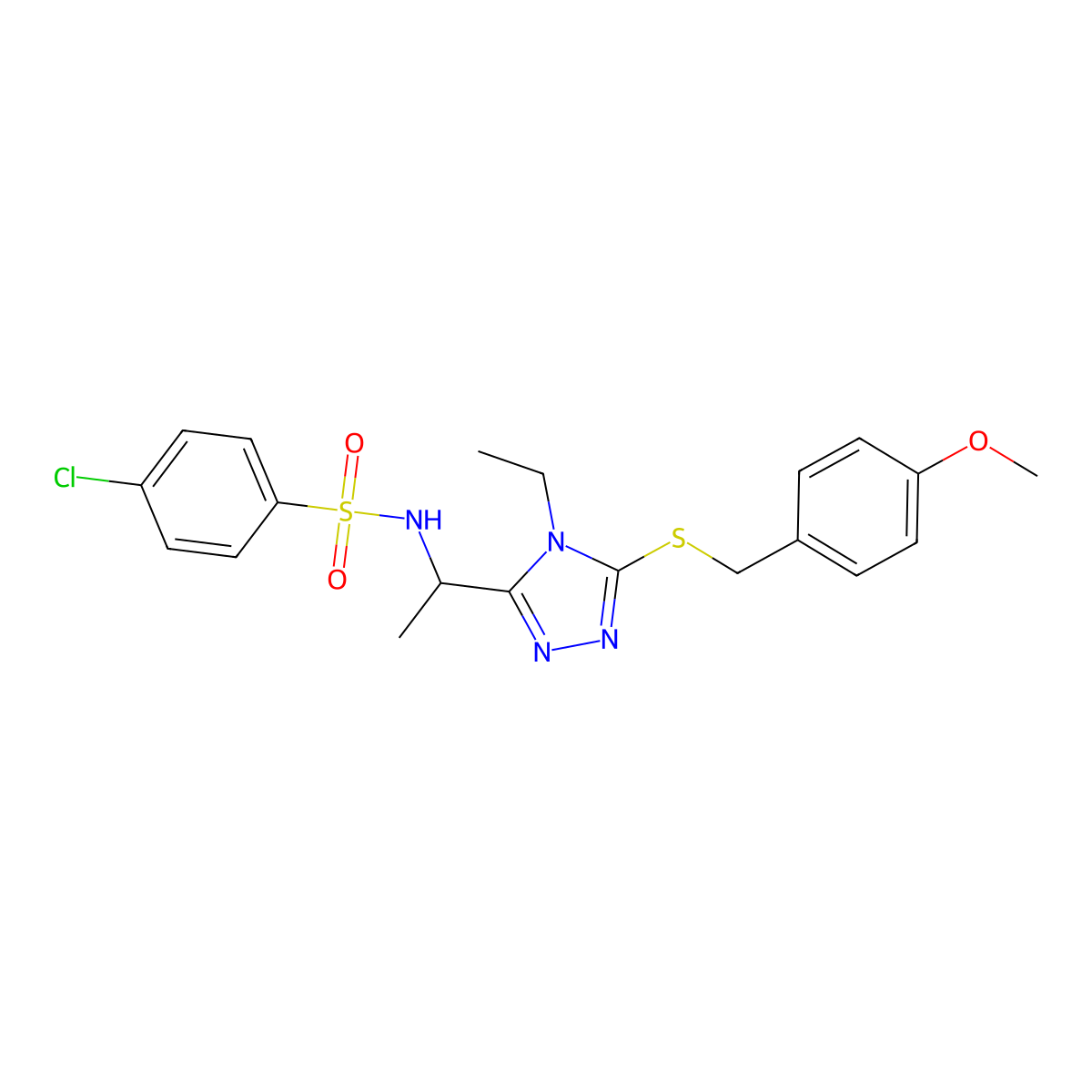 4-chloro-N-(1-{4-ethyl-5-[(4-methoxybenzyl)sulfanyl]-4H-1,2,4-triazol-3-yl}ethyl)benzenesulfonamide molecular structure, CAS 338954-05-5