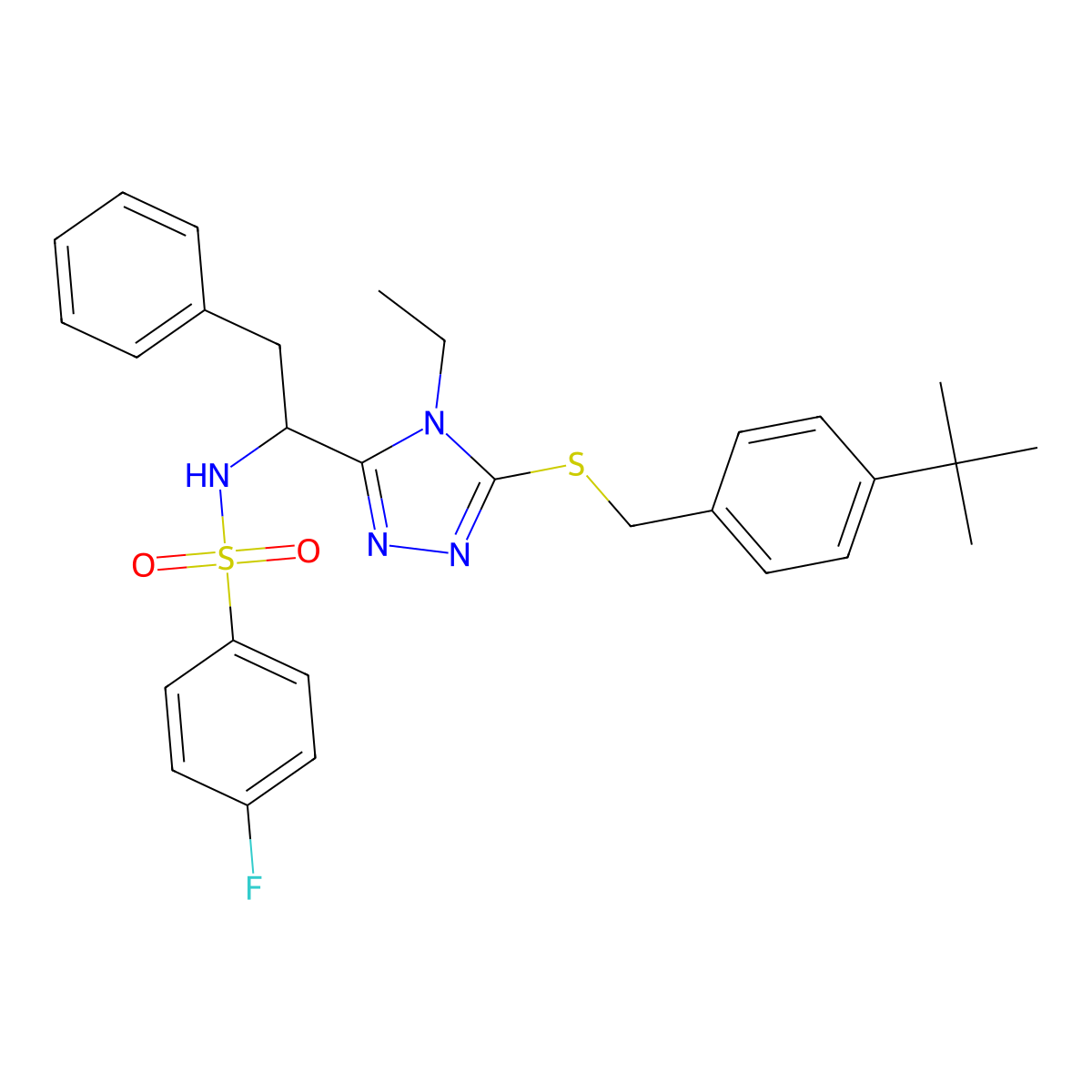 N-[1-(5-{[4-(tert-butyl)benzyl]sulfanyl}-4-ethyl-4H-1,2,4-triazol-3-yl)-2-phenylethyl]-4-fluorobenzenesulfonamide molecular structure, CAS 338954-12-4