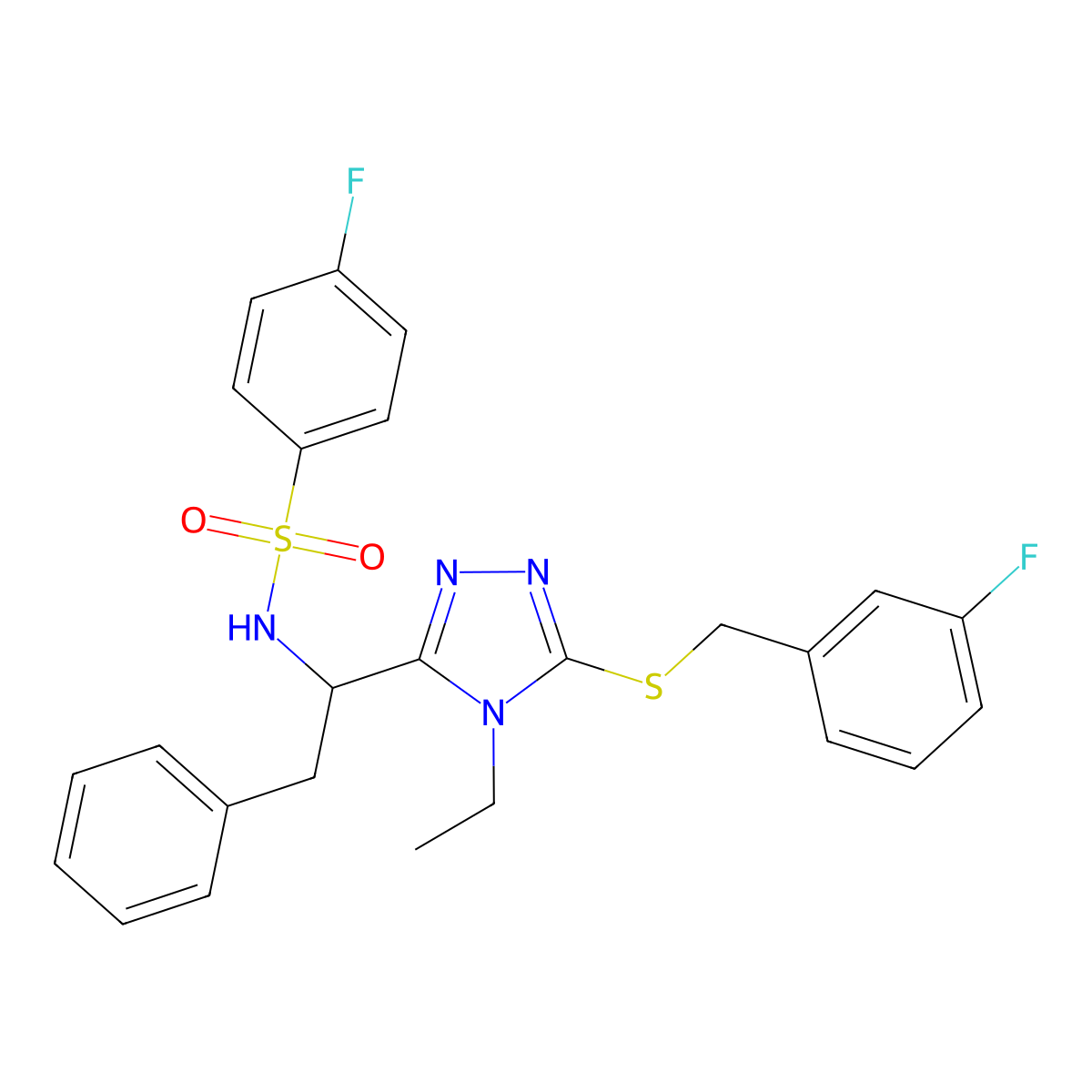 N-(1-{4-ethyl-5-[(3-fluorobenzyl)sulfanyl]-4H-1,2,4-triazol-3-yl}-2-phenylethyl)-4-fluorobenzenesulfonamide molecular structure, CAS 338954-14-6