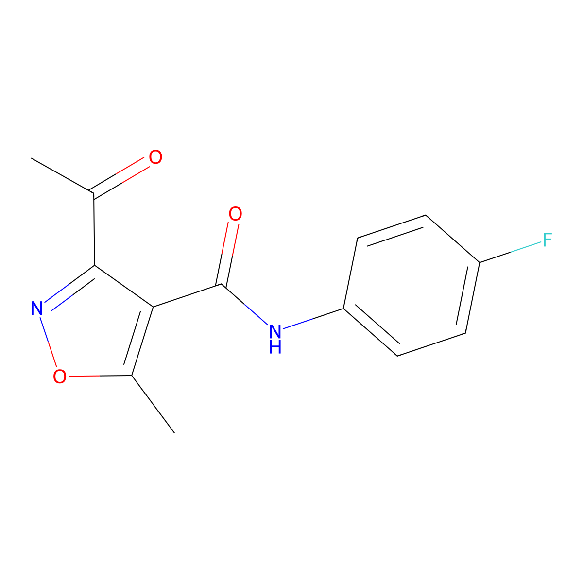 3-acetyl-N-(4-fluorophenyl)-5-methyl-1,2-oxazole-4-carboxamide molecular structure, CAS 338954-23-7
