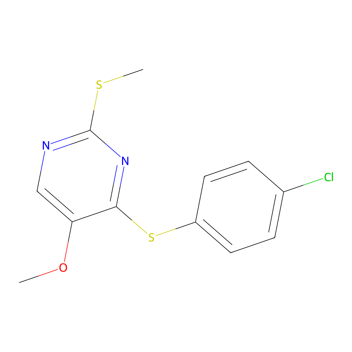4-((4-Chlorophenyl)sulfanyl)-2-(methylsulfanyl)-5-pyrimidinyl methyl ether molecular structure, CAS 338954-61-3