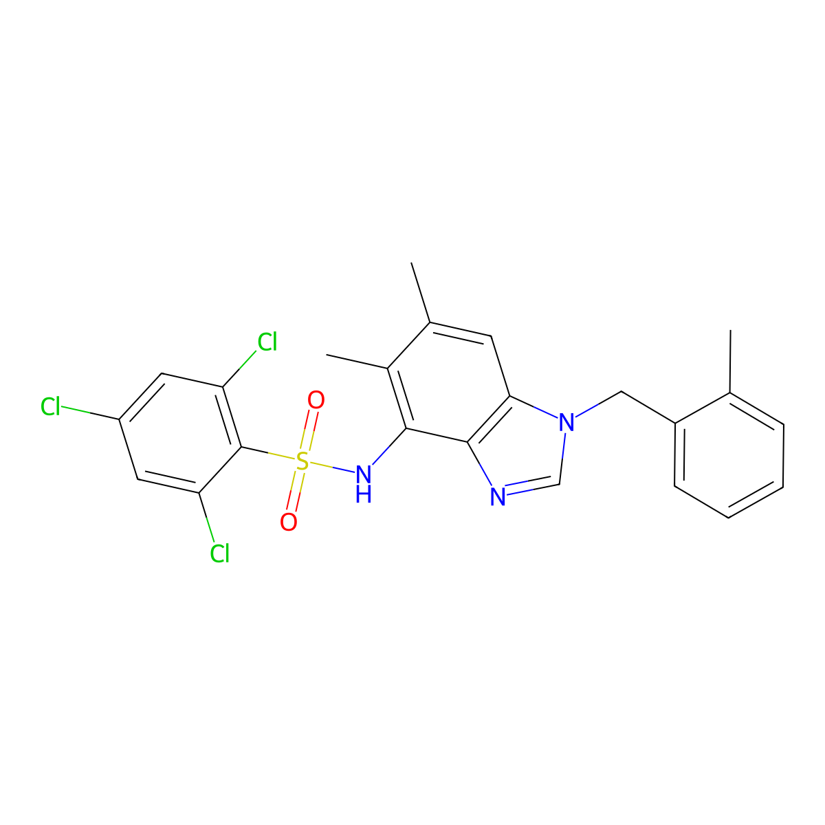 2,4,6-trichloro-N-[5,6-dimethyl-1-(2-methylbenzyl)-1H-1,3-benzimidazol-4-yl]benzenesulfonamide molecular structure, CAS 338954-82-8