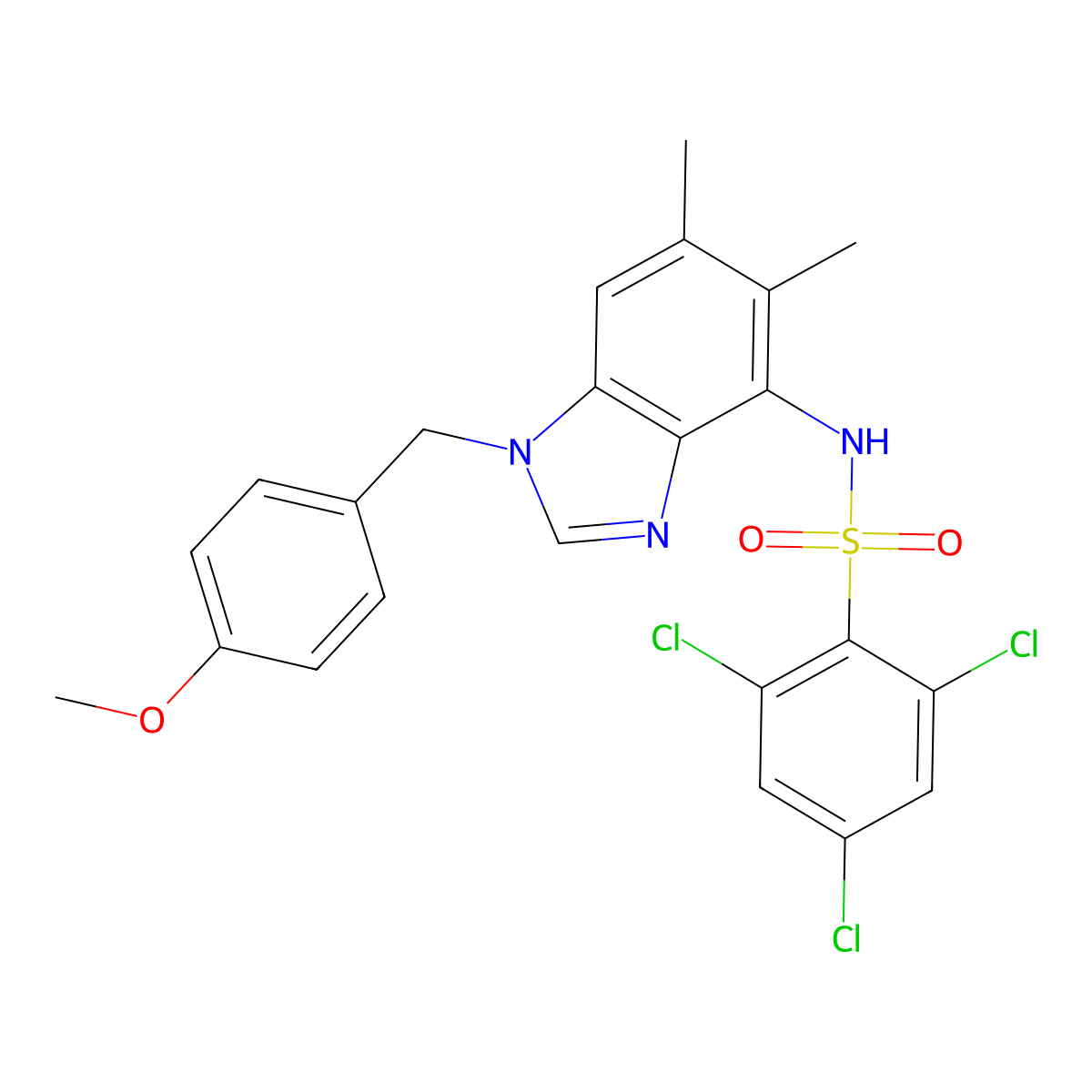 2,4,6-trichloro-N-[1-(4-methoxybenzyl)-5,6-dimethyl-1H-1,3-benzimidazol-4-yl]benzenesulfonamide molecular structure, CAS 338955-00-3