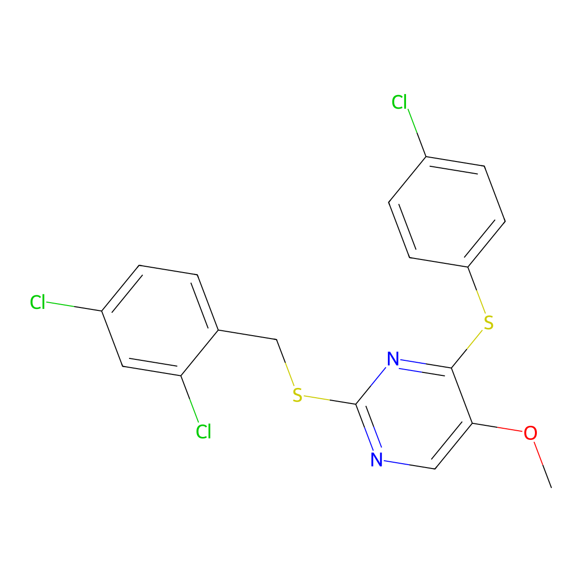 4-[(4-Chlorophenyl)sulfanyl]-2-[(2,4-dichlorobenzyl)sulfanyl]-5-pyrimidinyl methyl ether molecular structure, CAS 338955-51-4