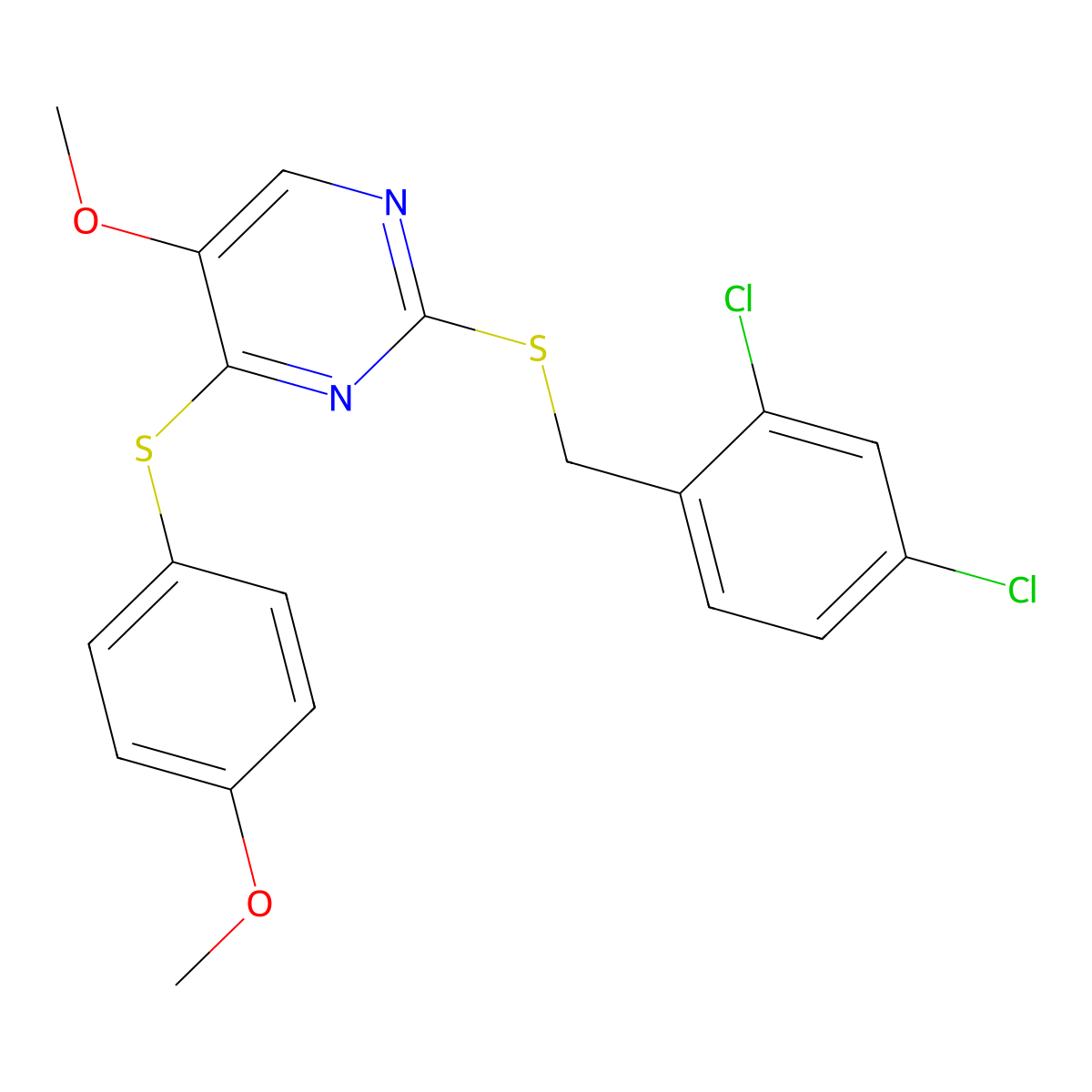 2-[(2,4-Dichlorobenzyl)sulfanyl]-5-methoxy-4-[(4-methoxyphenyl)sulfanyl]pyrimidine molecular structure, CAS 338955-53-6