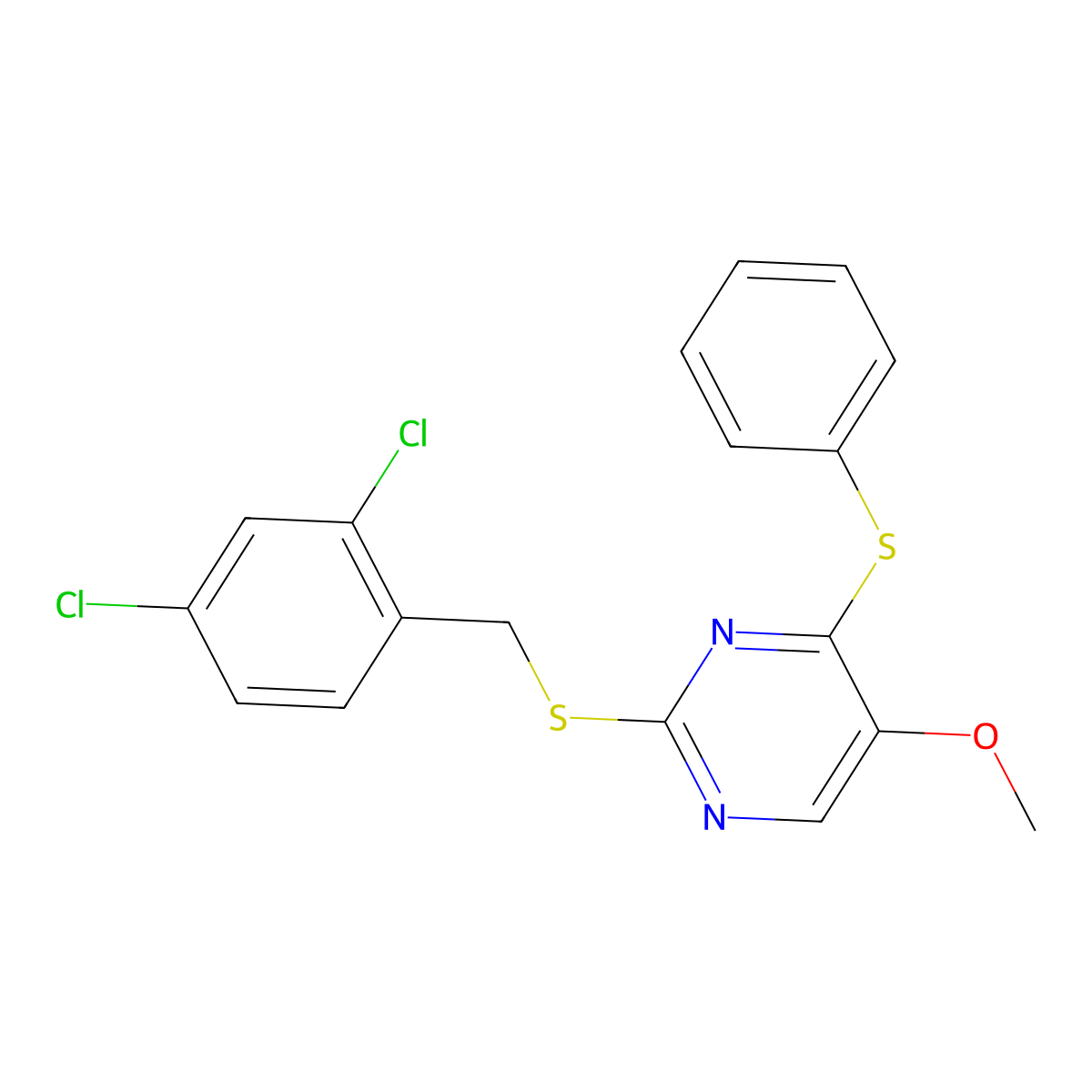 2-[(2,4-Dichlorobenzyl)sulfanyl]-5-methoxy-4-(phenylsulfanyl)pyrimidine molecular structure, CAS 338955-55-8