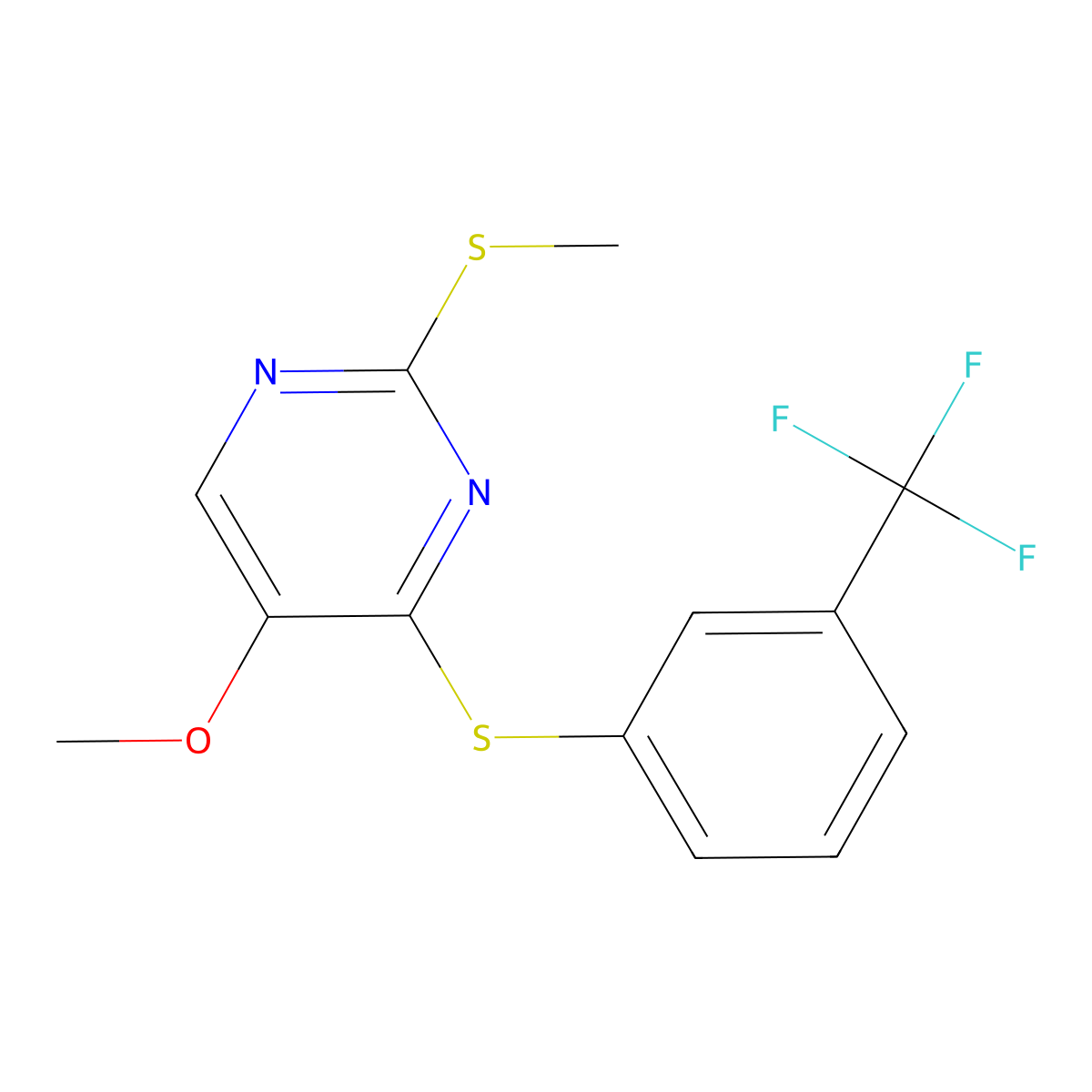 Methyl 2-(methylsulfanyl)-4-{[3-(trifluoromethyl)phenyl]sulfanyl}-5-pyrimidinyl ether molecular structure, CAS 338955-60-5