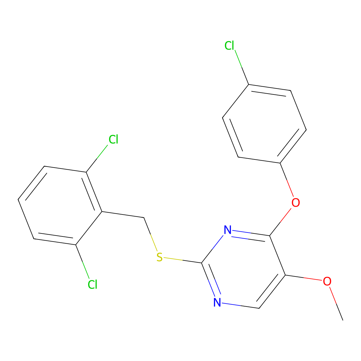 4-(4-Chlorophenoxy)-2-[(2,6-dichlorobenzyl)sulfanyl]-5-methoxypyrimidine molecular structure, CAS 338955-86-5