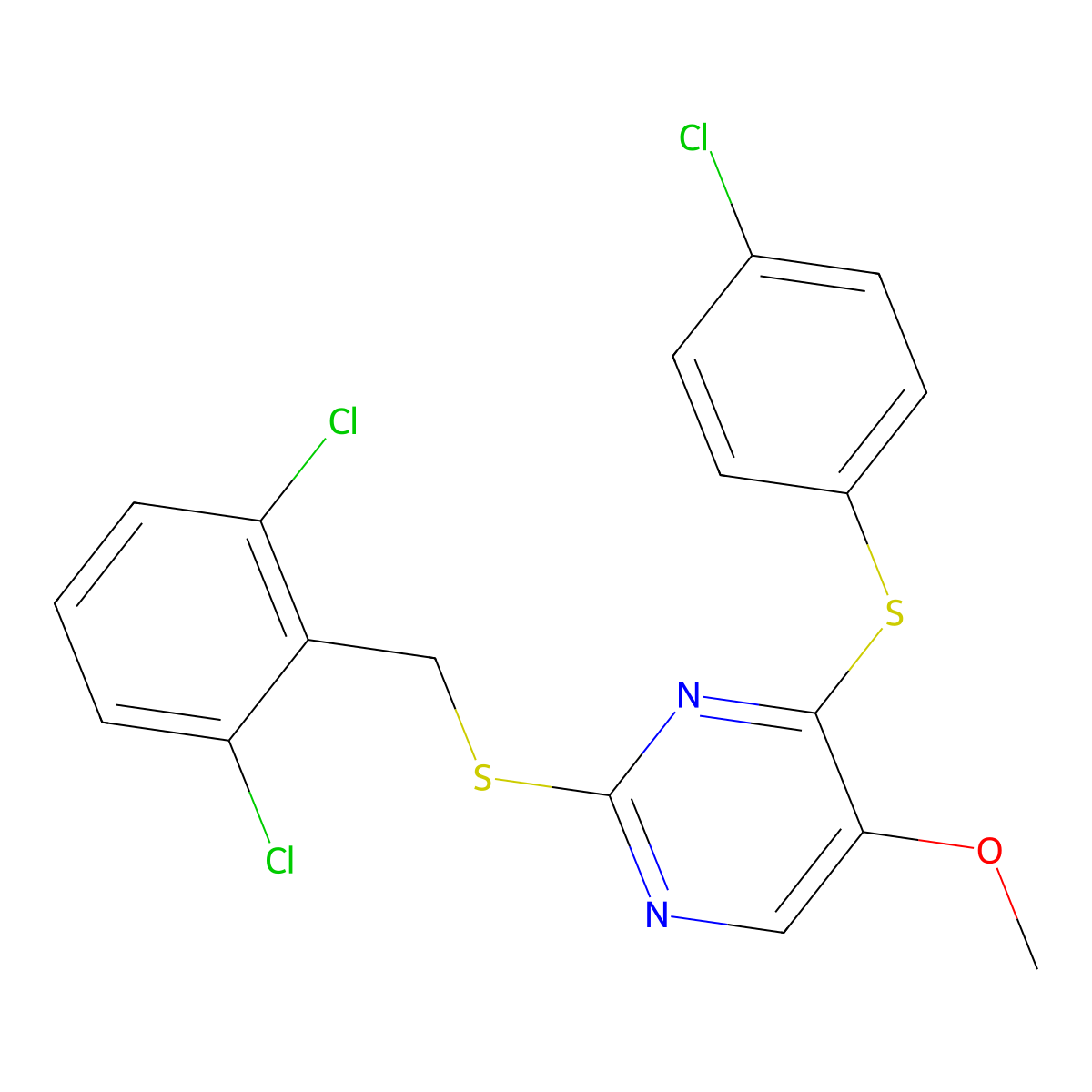 4-[(4-Chlorophenyl)sulfanyl]-2-[(2,6-dichlorobenzyl)sulfanyl]-5-pyrimidinyl methyl ether molecular structure, CAS 338955-90-1