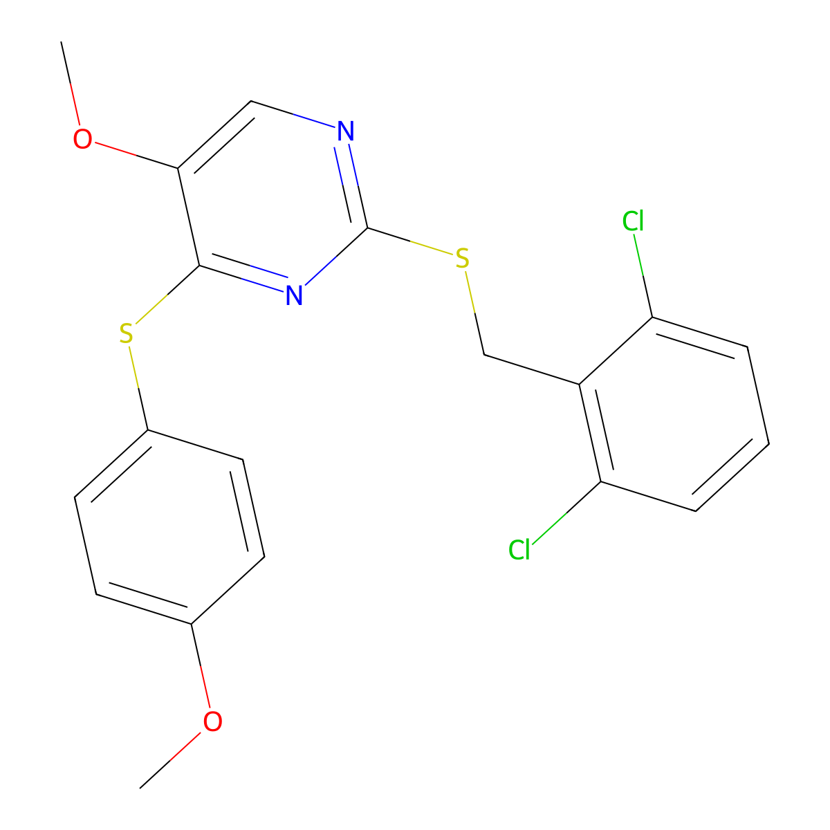 2-[(2,6-Dichlorobenzyl)sulfanyl]-5-methoxy-4-[(4-methoxyphenyl)sulfanyl]pyrimidine molecular structure, CAS 338955-92-3