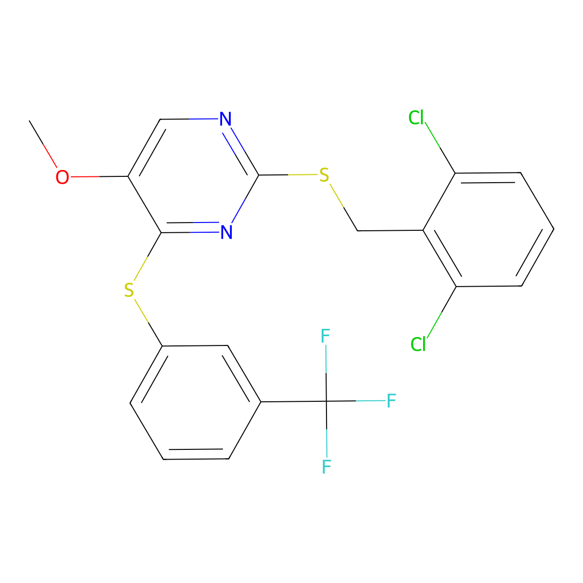 2-[(2,6-Dichlorobenzyl)sulfanyl]-5-methoxy-4-{[3-(trifluoromethyl)phenyl]sulfanyl}pyrimidine molecular structure, CAS 338955-94-5