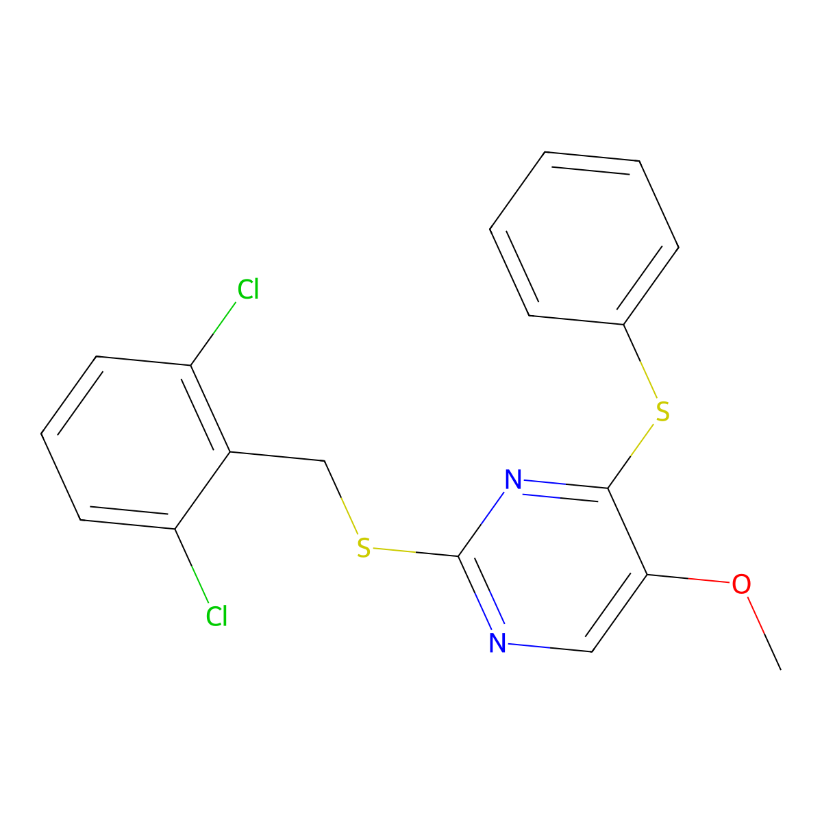 2-[(2,6-Dichlorobenzyl)sulfanyl]-5-methoxy-4-(phenylsulfanyl)pyrimidine molecular structure, CAS 338955-96-7