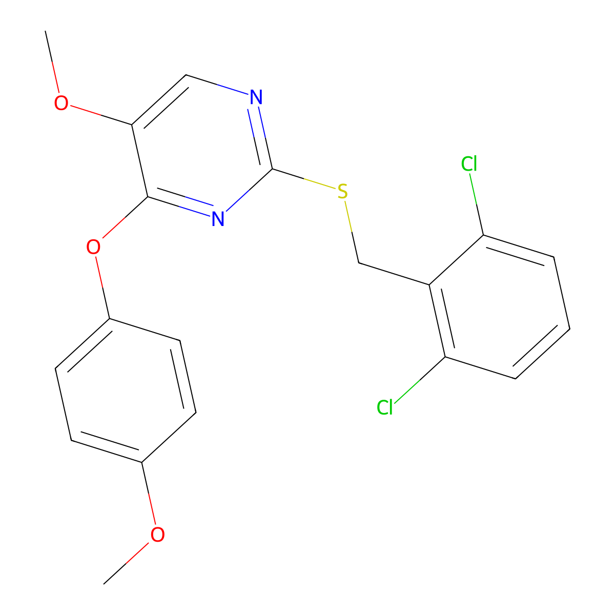 2-[(2,6-Dichlorobenzyl)sulfanyl]-5-methoxy-4-(4-methoxyphenoxy)pyrimidine molecular structure, CAS 338956-00-6