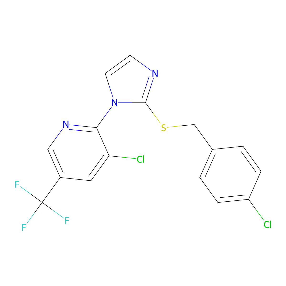 3-chloro-2-{2-[(4-chlorobenzyl)sulfanyl]-1H-imidazol-1-yl}-5-(trifluoromethyl)pyridine molecular structure, CAS 338956-50-6