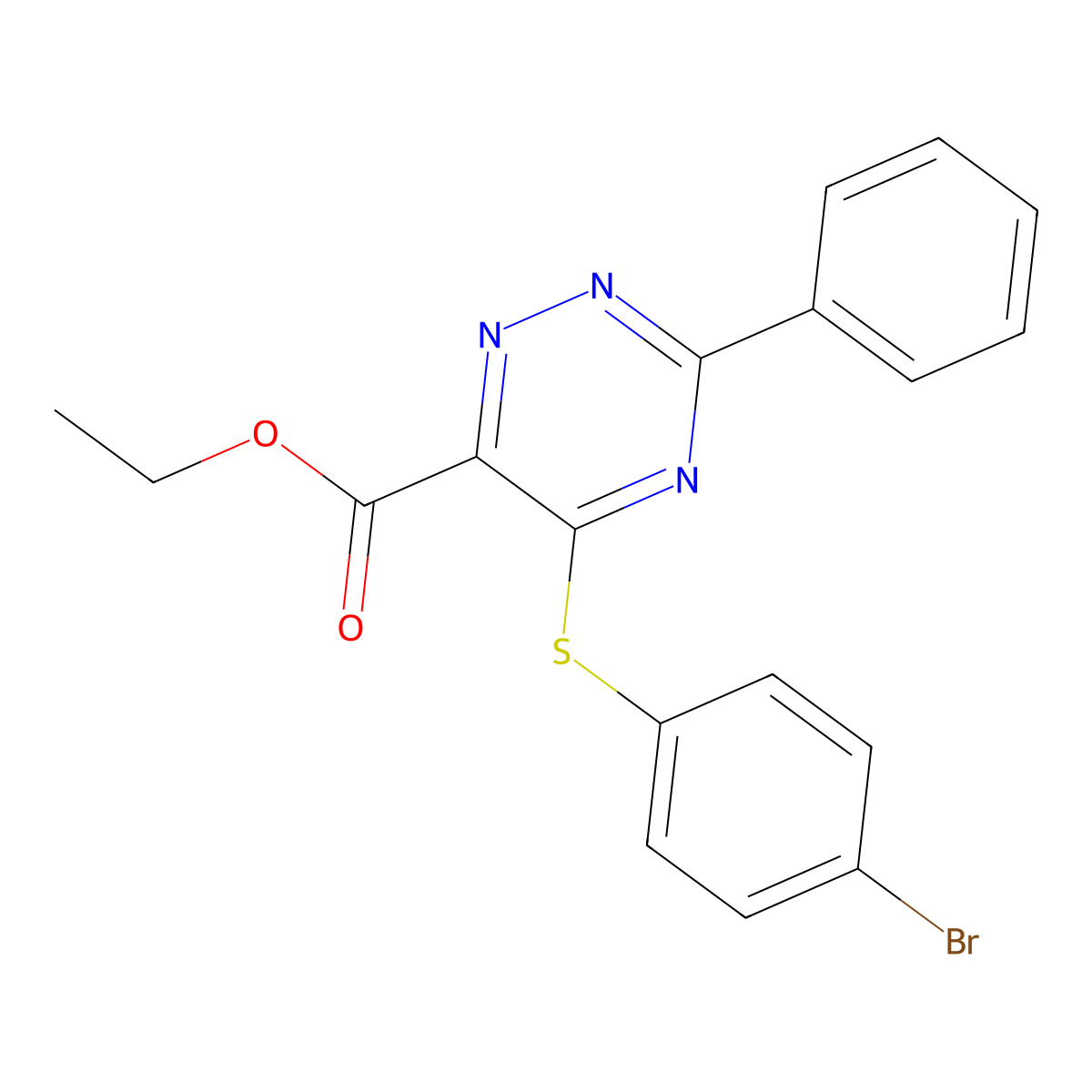 Ethyl 5-[(4-bromophenyl)sulfanyl]-3-phenyl-1,2,4-triazine-6-carboxylate molecular structure, CAS 338957-11-2