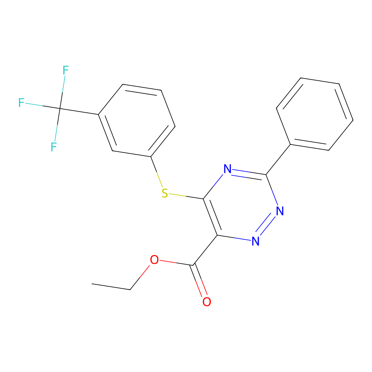 Ethyl 3-phenyl-5-{[3-(trifluoromethyl)phenyl]sulfanyl}-1,2,4-triazine-6-carboxylate molecular structure, CAS 338957-12-3